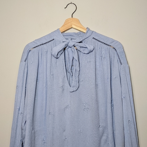 Free People Wishful Moments Tie Neck Blouse Blue Embroidered Long Sleeve Top S - Picture 4 of 16